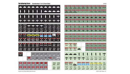 A war game countersheet titled "The Gathering Storm", filled with small square tokens of tanks, soldiers, planes, and ships
