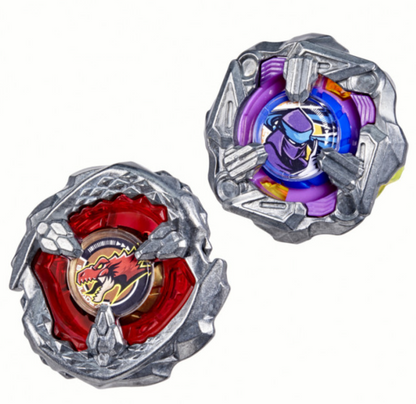 Two Beyblade Burst spinning tops, one red with a dragon design, one purple with a ninja design