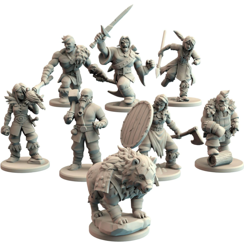 Northgard Warchiefs Expansion miniatures in unpainted gray resin featuring seven unique fantasy figures including warriors a dwarf and a bear on white bases