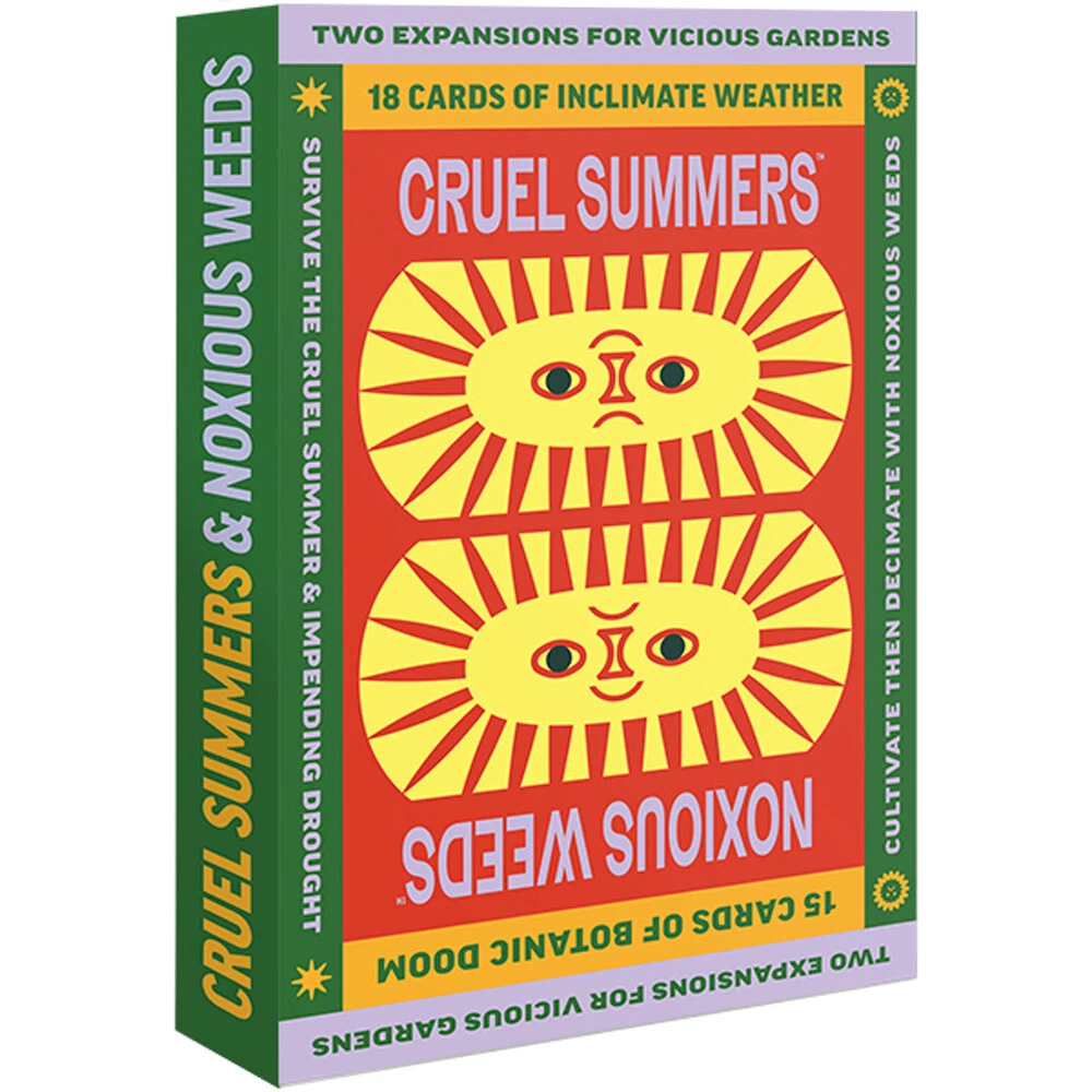 Cruel Summers &amp; Noxious Weeds expansion box for Vicious Gardens. Red front with two suns, one frowning, one smiling