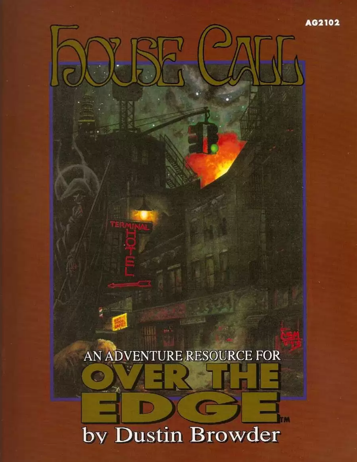 House Call cover: Dark, eerie urban street at night with a mysterious hooded figure, neon signs, and a green traffic light