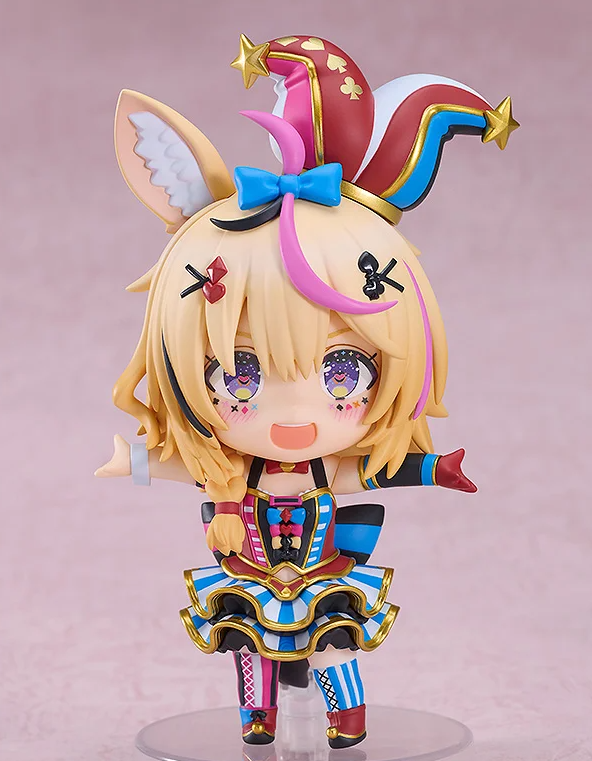 Chibi figure with blonde hair and animal ears wearing a jester hat and striped skirt on color background