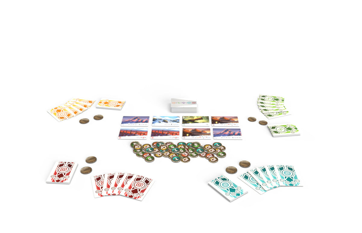 Vaalbara board game components laid out player boards cards resource tokens