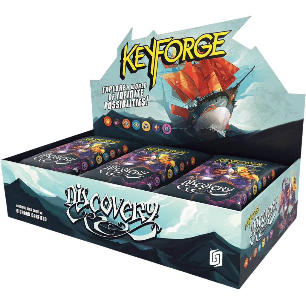 KeyForge Discovery Archon Deck Display Box featuring a large ship and Explore a World of Infinite Possibilities text containing multiple game packs