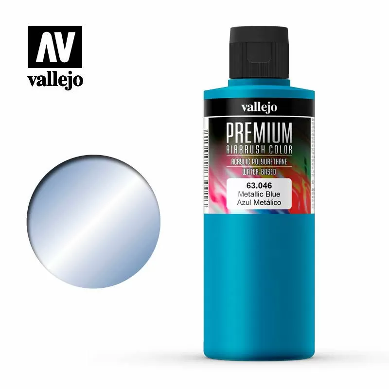 Vallejo Premium Metallic Blue Airbrush Colour bottle and colour swatch