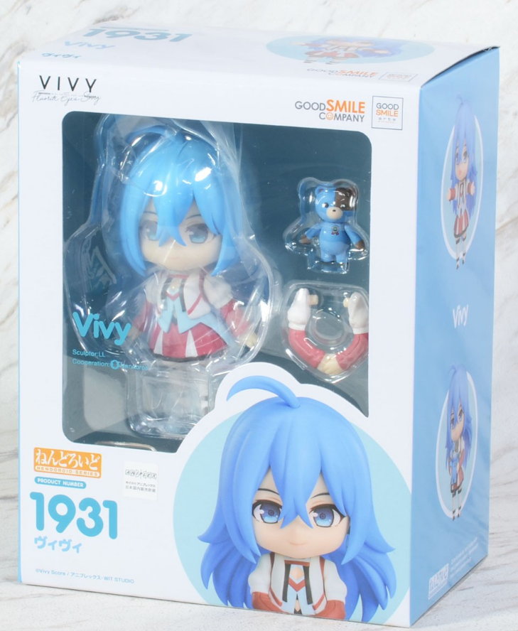 Vivy Nendoroid figure in box with blue hair white and red dress mini bear and ring accessories
