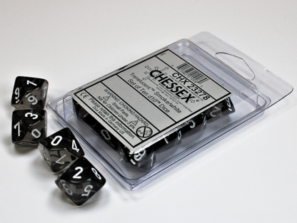 Chessex translucent smoke white D10 dice ten piece set in clear packaging with four dice spilled out perfect for tabletop role-playing games