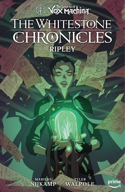 Box Cover art for The Legend Of Vox Maching - The Whitestone Chronicles Ripley. Ripley, a woman with dark hair, holds a glowing green crystal device