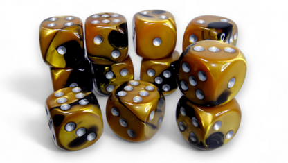 A group of glossy gold and black marbled dice with silver pips on a white background