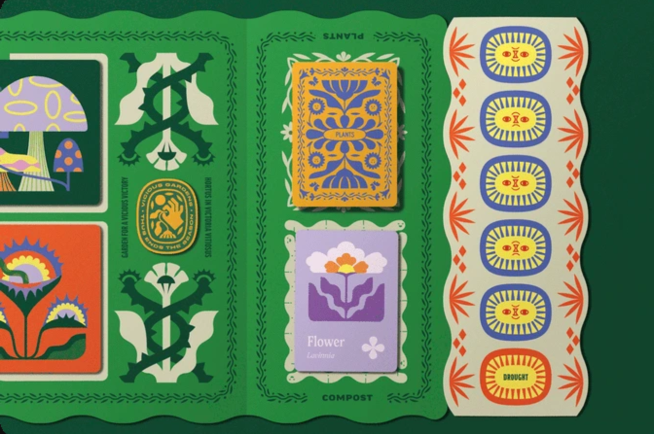 A stylized plant-themed board game layout with cards showing mushrooms, flowers, a yellow "Plants" card, and a "Drought" panel