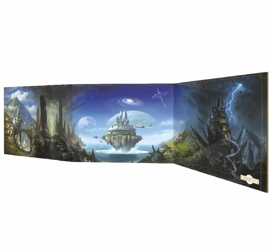 Fantasy game screen art: futuristic floating city, ancient ruins, and a stormy castle landscape