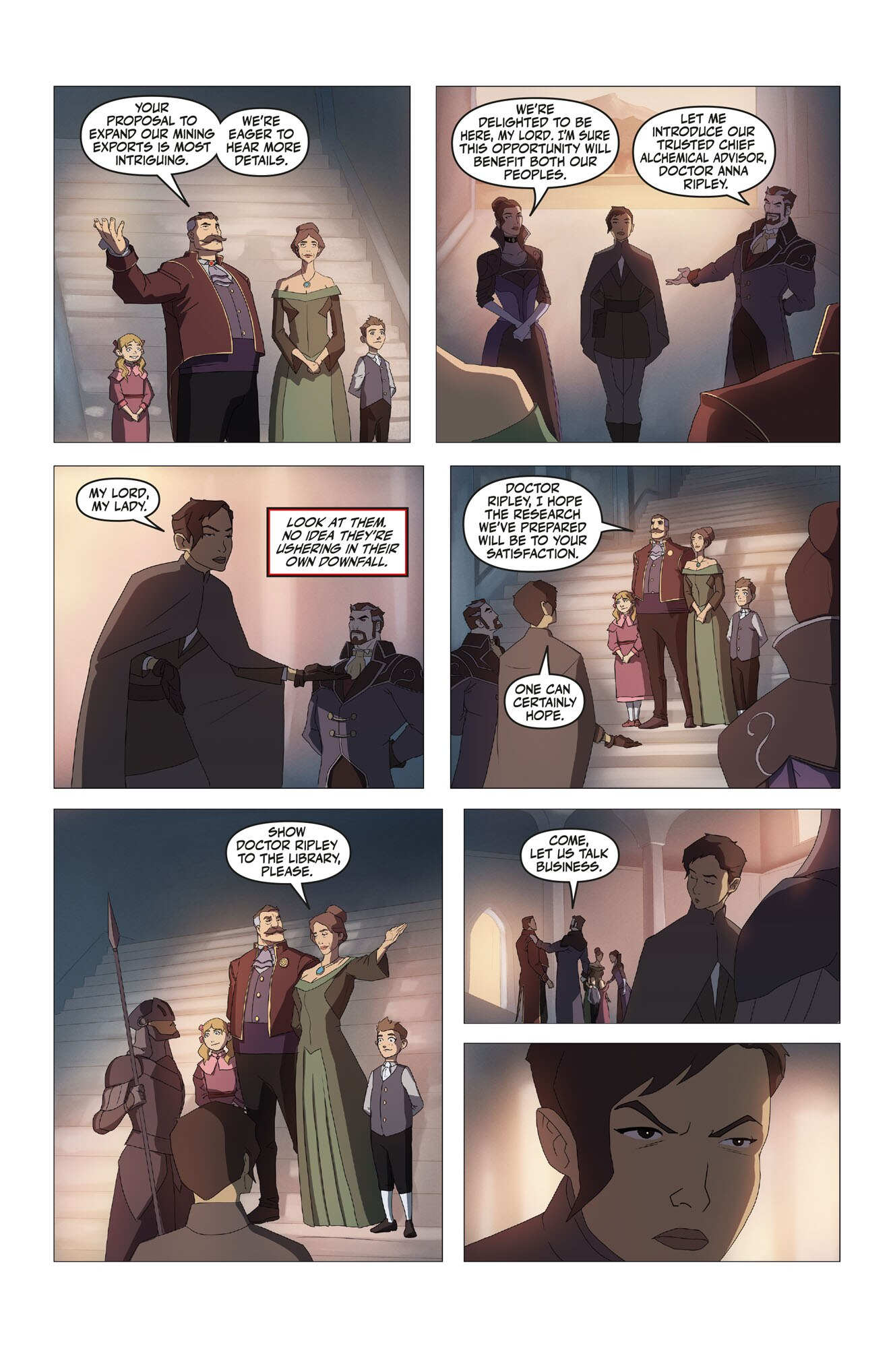 Multi-panel comic: Doctor Ripley meets a noble family for a mining proposal, secretly planning their downfall