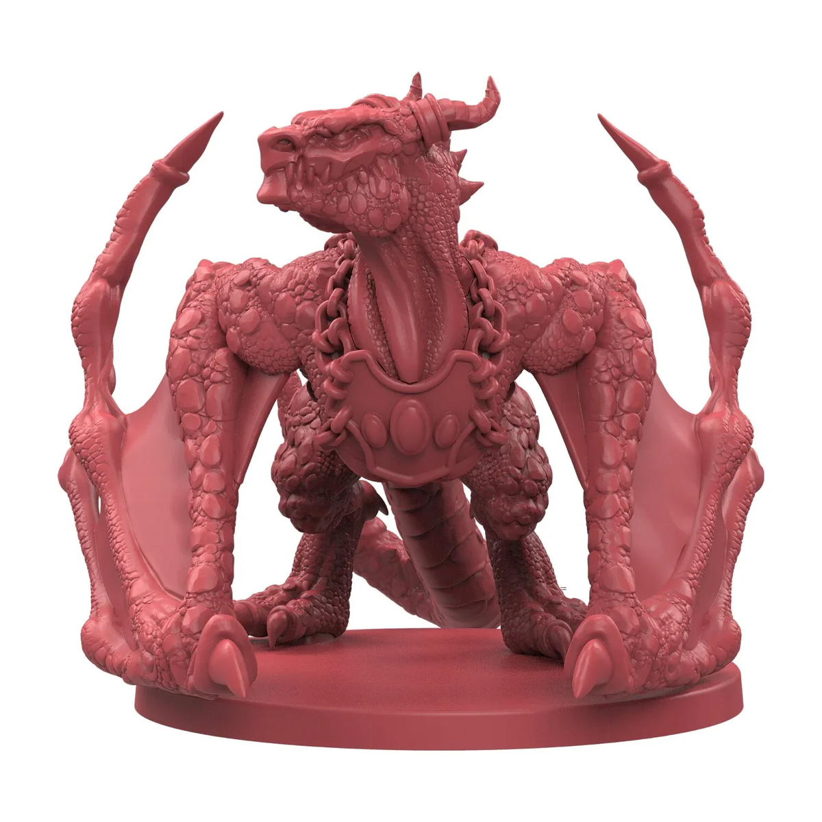 A fierce red dragon miniature with detailed scales, raised wings, and chest armor