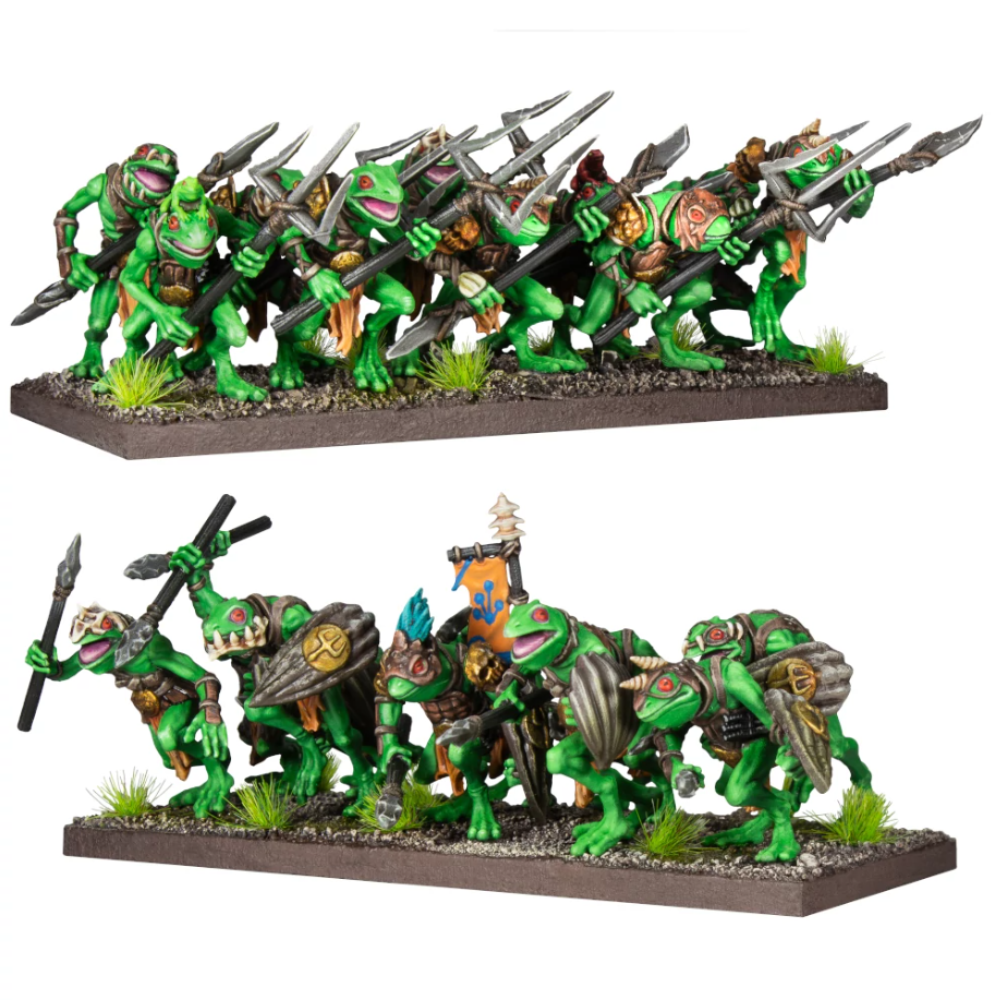 Two ranks of green amphibian warrior miniatures, armed with spears, shields, and other weapons