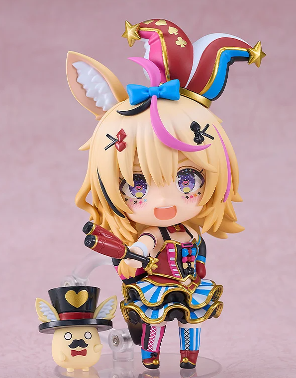 Nendoroid Shirogane Noel dressed in a black red and blue outfit with rabbit ears holding a staff
