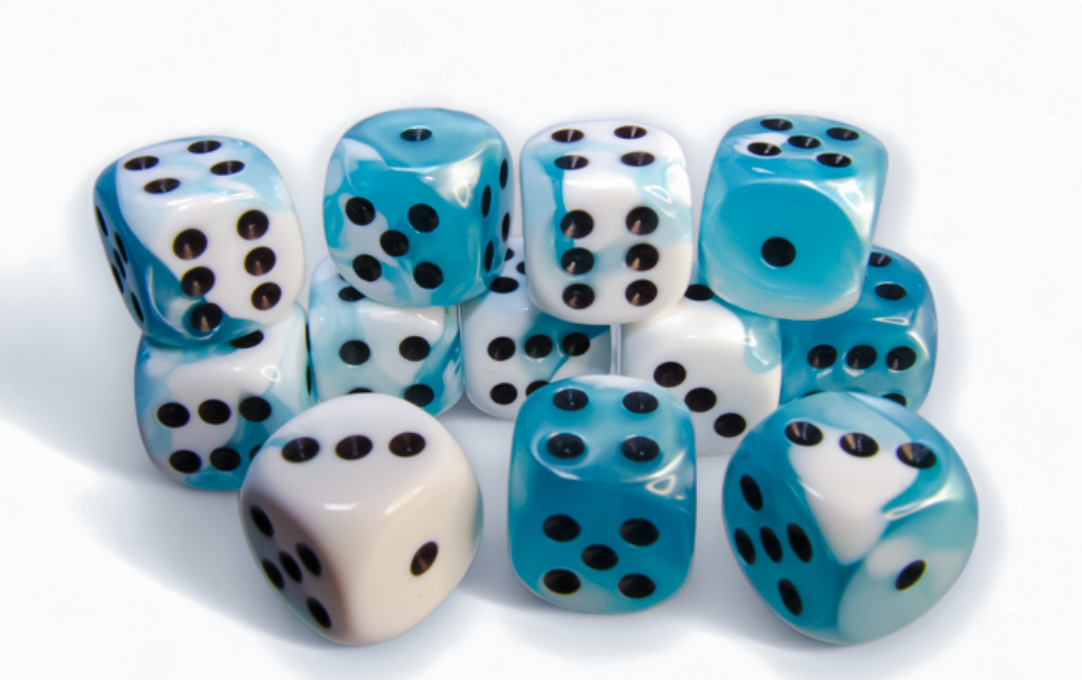 A pile of blue and white swirled dice with black pips