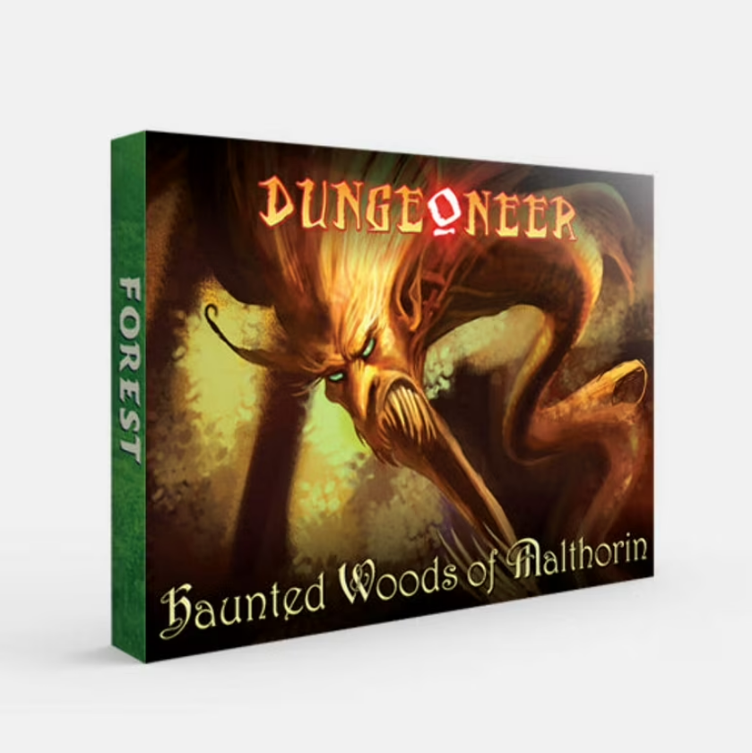 Dungeoneer: Haunted Woods of Malthorin game box. Cover features a menacing, glowing-eyed tree monster
