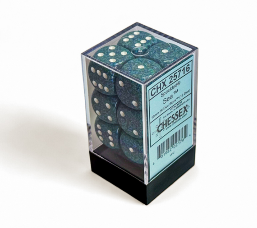 12 speckled 'Sea' (dark teal) dice in a clear Chessex brand box