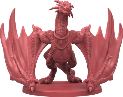 Red dragon with wings standing on ground