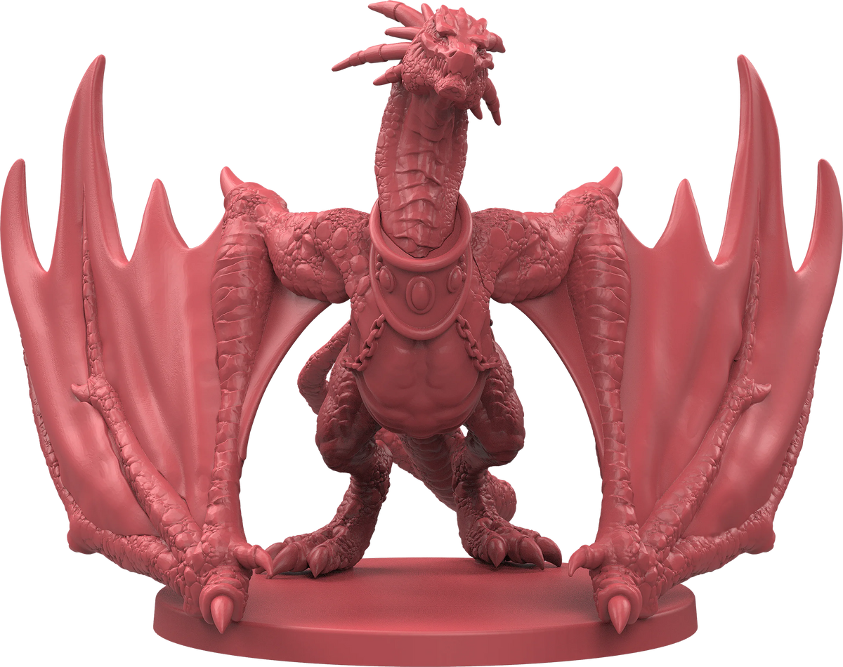 Red dragon with wings standing on ground