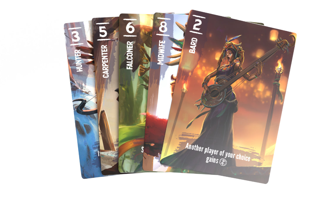 A fan of five Vaalbara character cards on a white background