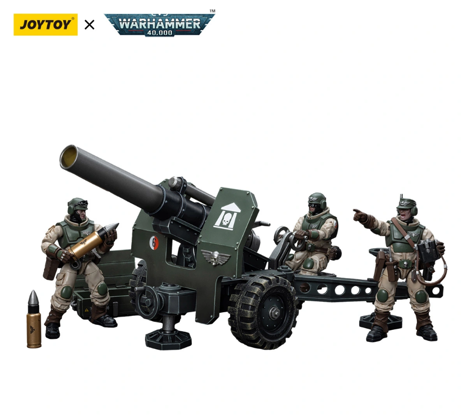 Joytoy Warhammer 40,000 Imperial Guard heavy artillery cannon with three crew operating it, one loading a shell