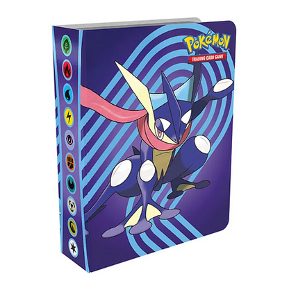 Pokemon TCG card binder featuring Greninja in a dynamic, crouching pose on a blue and purple striped cover