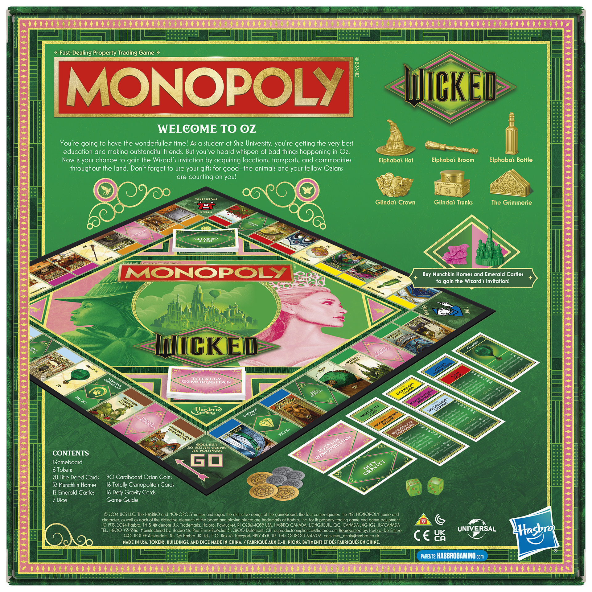 Rear Box art for Monopoly Wicked edition. Features the game board, characters Elphaba and Glinda, and themed game tokens