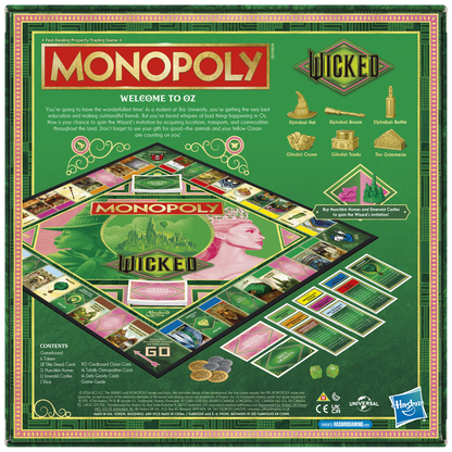 Rear Box art for Monopoly Wicked edition. Features the game board, characters Elphaba and Glinda, and themed game tokens