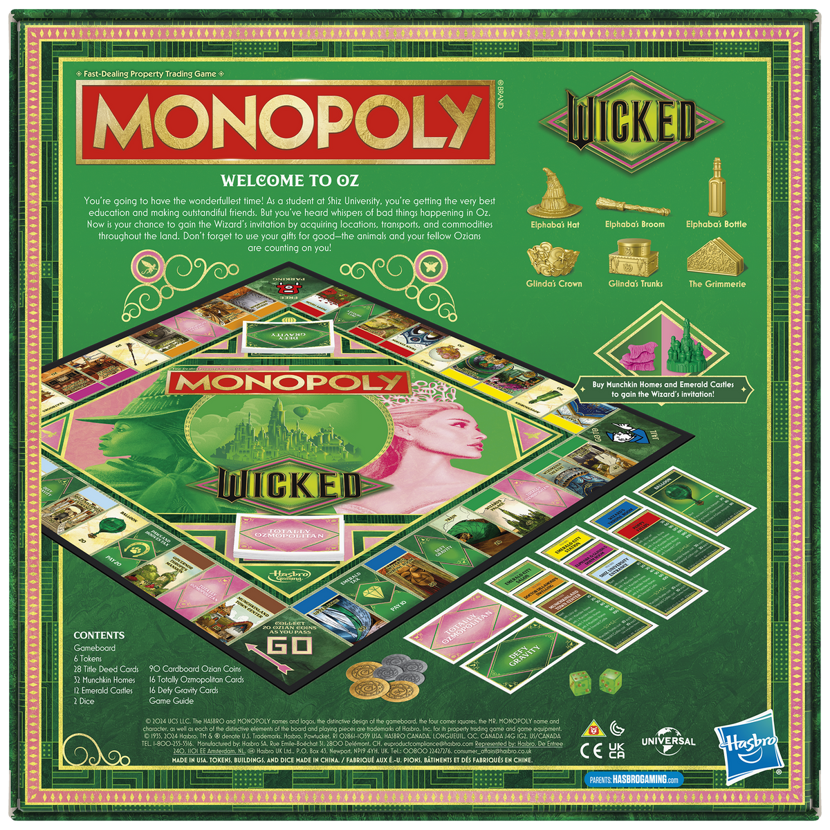 Rear Box art for Monopoly Wicked edition. Features the game board, characters Elphaba and Glinda, and themed game tokens