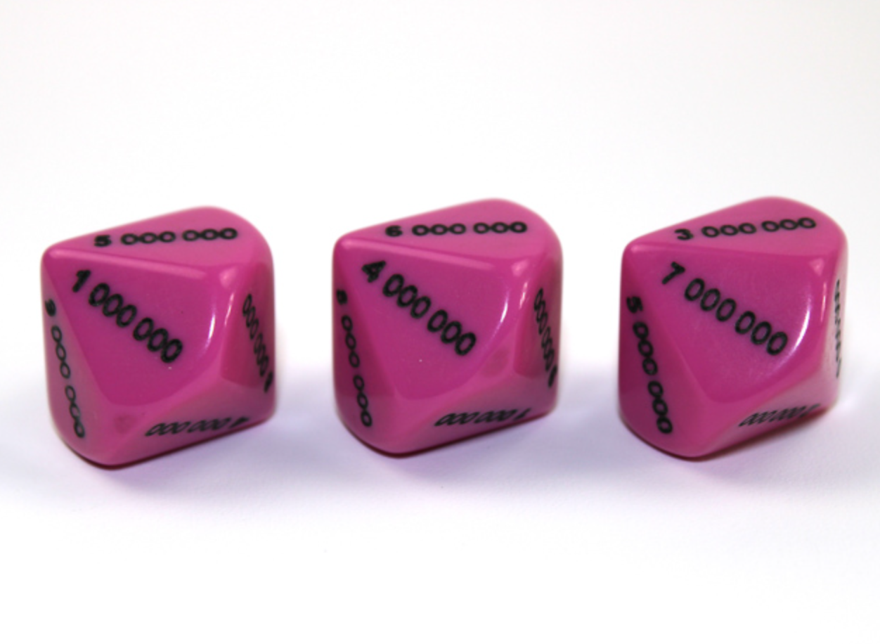 Chessex Opaque D10 Dice Pink-Black polyhedral dice showing numbers in the millions, like 1,000,000 and 4,000,000