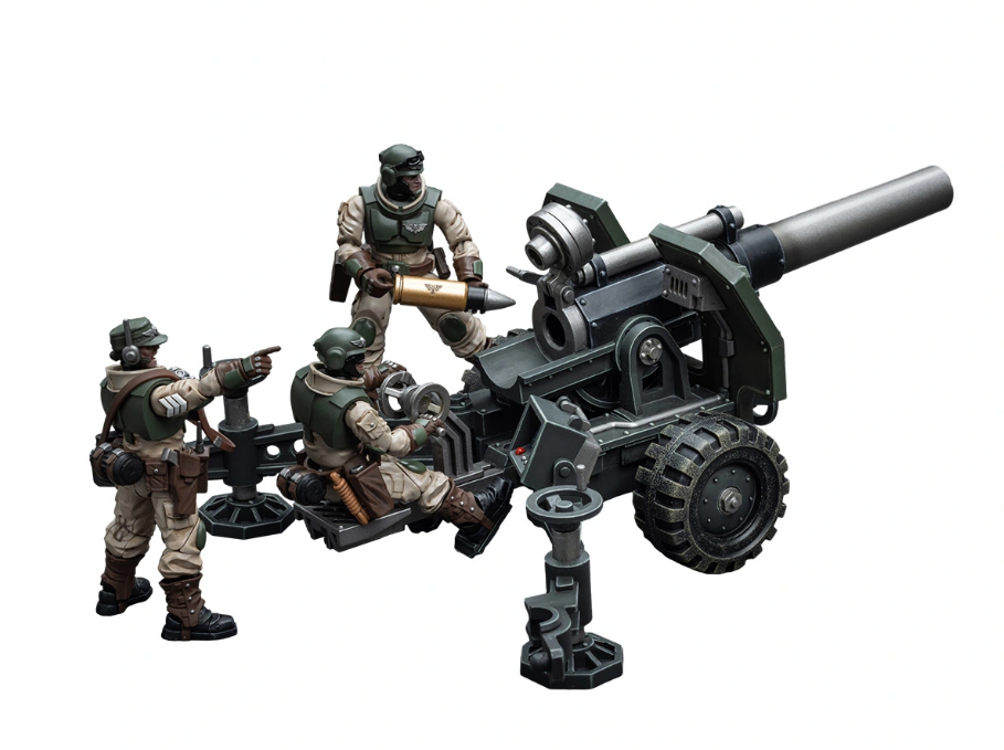 Three Warhammer 40K Imperial Guard figures operate a large field gun. One loads a shell, one aims, one directs
