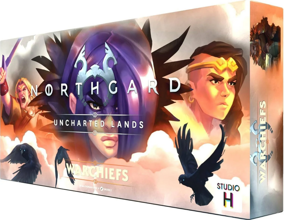 Northgard Warchiefs board game box featuring fantasy characters bold title and raven artwork