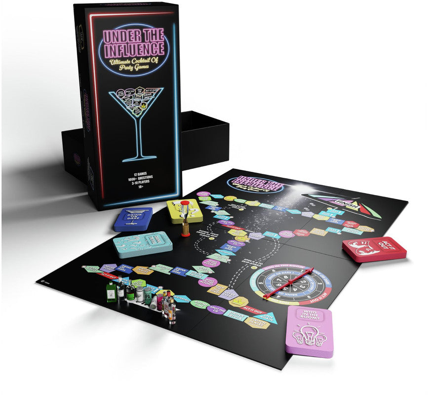 Under the Influence Ultimate Cocktail Of Party Games box in black with neon accents