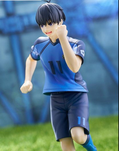 Blue Lock Yoichi Isagi TENITOL figure in dynamic pose wearing blue soccer uniform with number 11