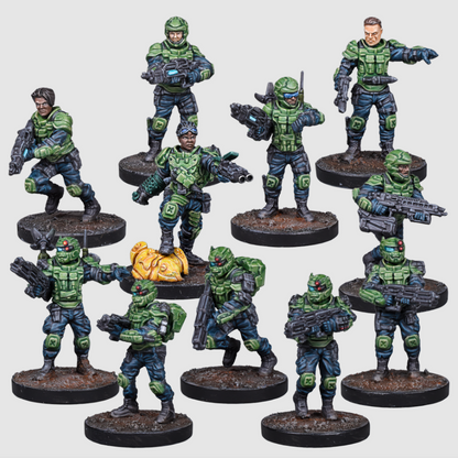 Ten painted wargaming miniatures of soldiers in green and blue armor, armed with rifles