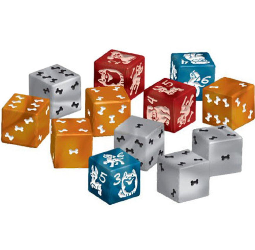 Multi-coloured game dice with dog and bone illustrations