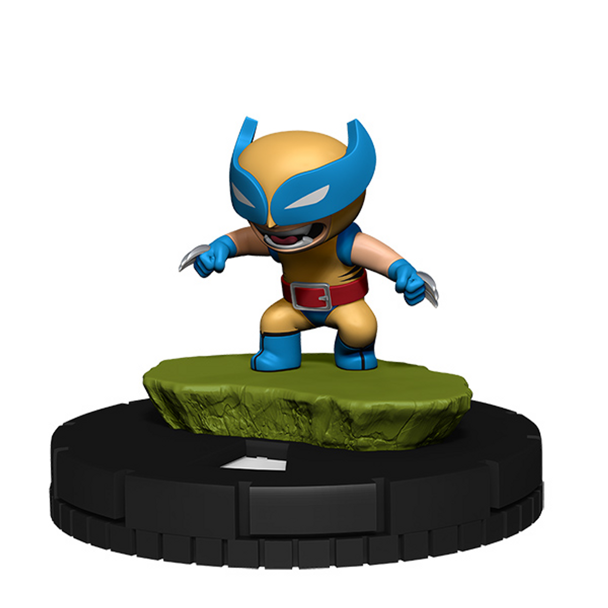 A chibi Wolverine figurine in yellow and blue, claws out, crouching on a black base