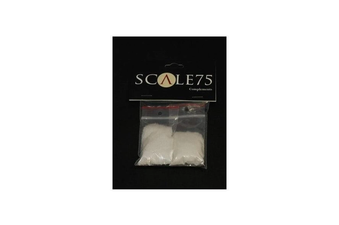 Two clear bags of white granular material labeled "SCALE75 Complements" on black packaging, likely for model making or diorama scenery.