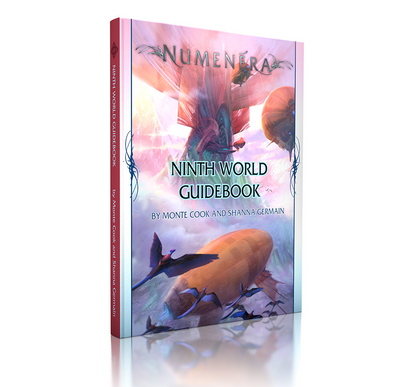 Numenera Ninth World Guidebook features a vibrant alien world with a large structure, blimp, and flying creatures