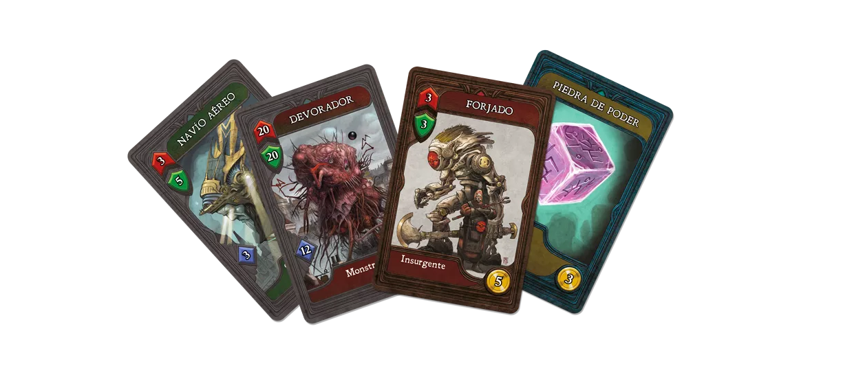 Four fantasy-themed game cards fanned out, depicting a spaceship, a monstrous creature, a robot, and a glowing cube