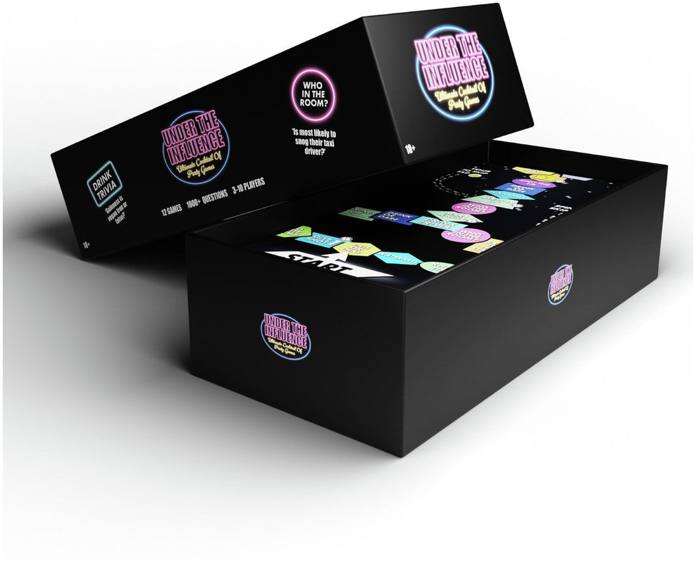 Party game board with The Ultimate Cocktail of Party Games featuring trivia dare and Who in the Room cards