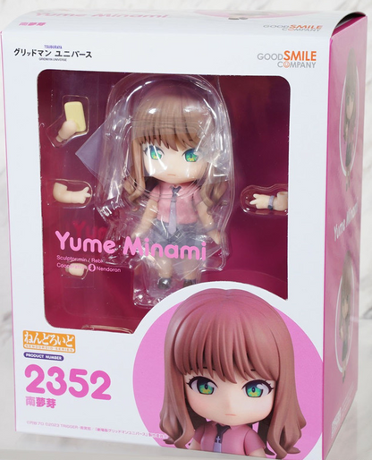 Nendoroid 2352 Yume Minami action figure in pink shirt and gray skirt with additional interchangeable hands and accessories