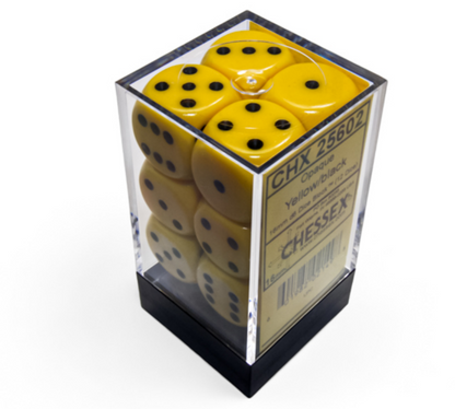 A clear case of 12 yellow Chessex dice with black pips