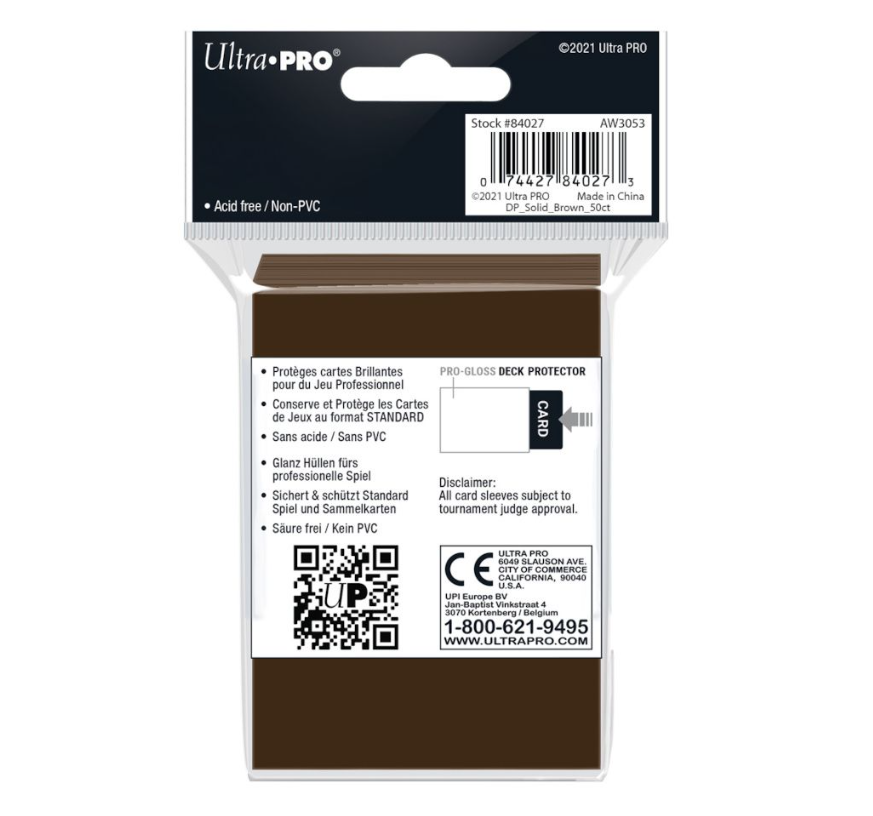 Ultra Pro Pro-Gloss brown deck protectors (50-count) in clear retail packaging with product details