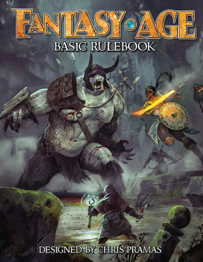 Fantasy AGE Basic Rulebook cover: A huge, grey monster with arrows battles a leaping warrior with a glowing sword, and a mage.