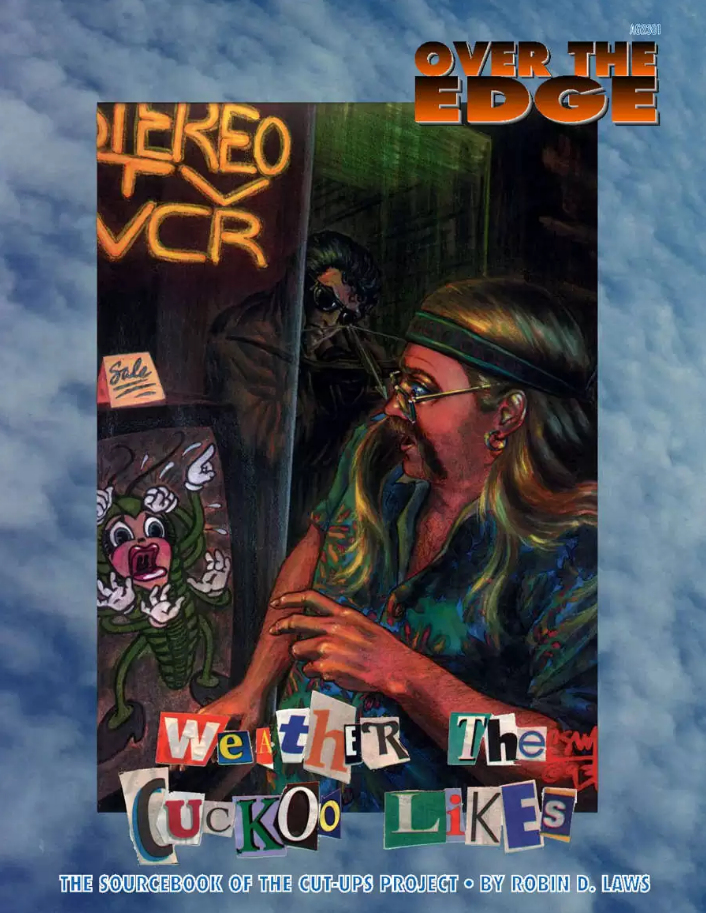 Cover art: A blonde, mustached person in glasses looks right, a shadowy figure lurks behind. A cartoon green bug points upward