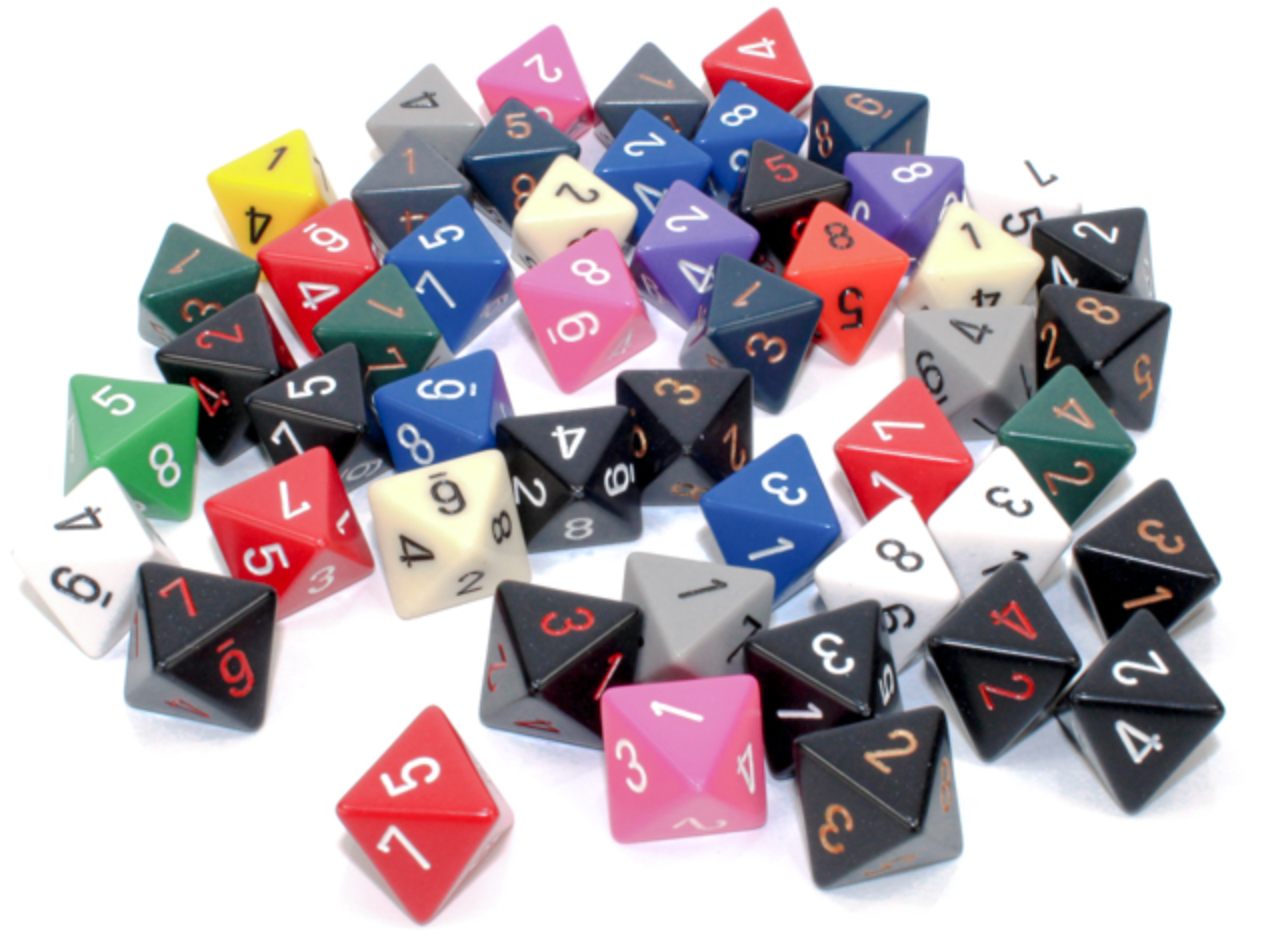 Chessex Opaque D8 Polyhedral Dice 50-Piece Set showing many colorful four-sided dice (d4s) scattered on a white surface
