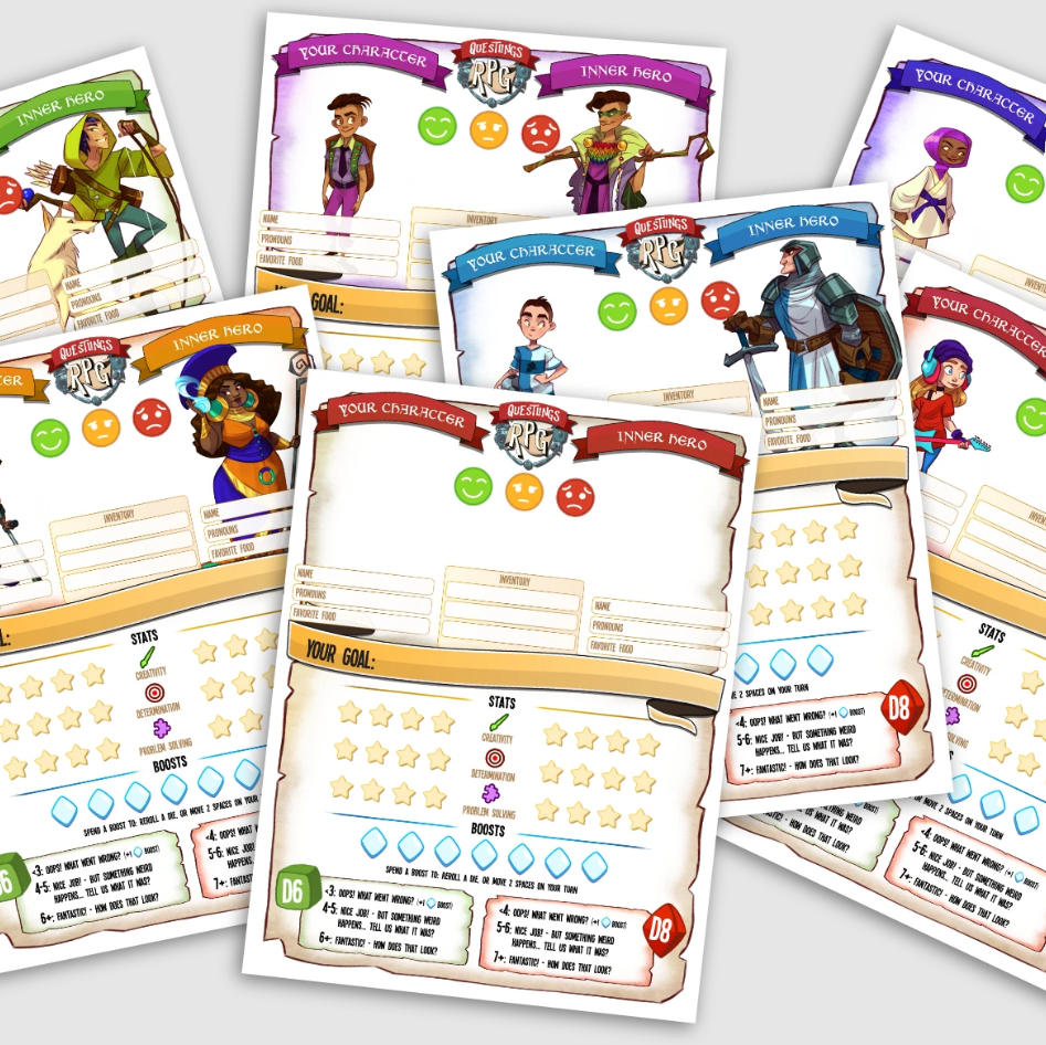 Multiple colourful Questlings RPG character sheets fan out showing diverse child and hero illustrations stats and game rules