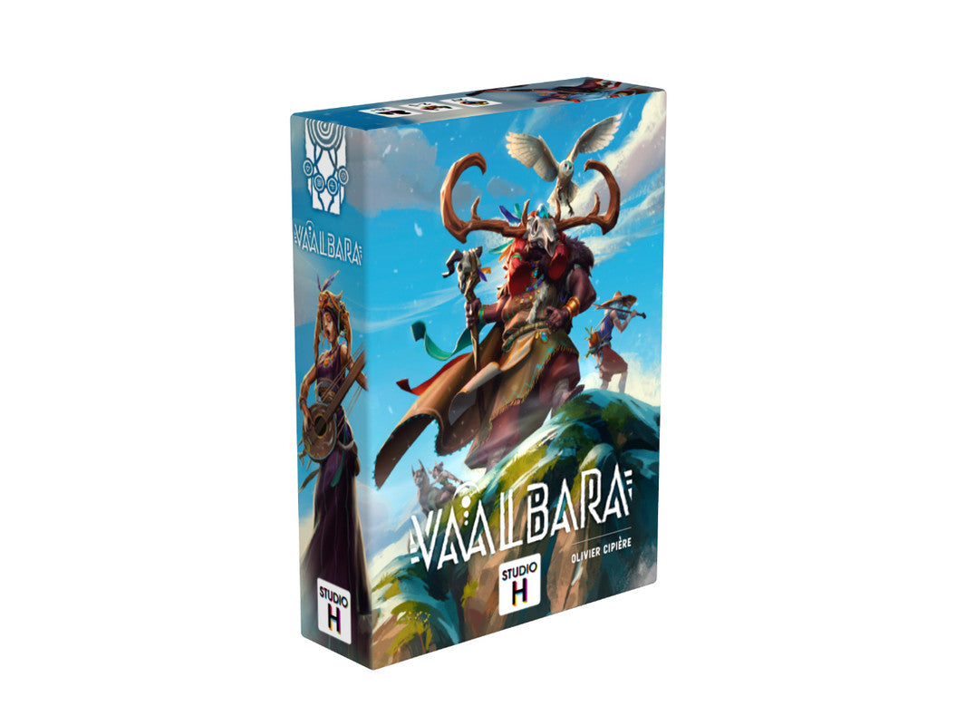 Vaalbara board game box featuring tribal shaman musician and owl in mountainous landscape